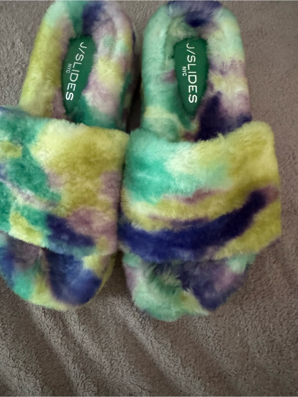 J Slides Tie-Dye Fuzzy Slide Slippers in Green, Yellow, Purple